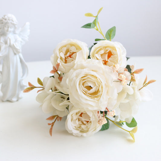 Artificial Peony Flowers Faux Flowers Satin Silk Rose Lilies Bouquet Vintage Home Decor-White