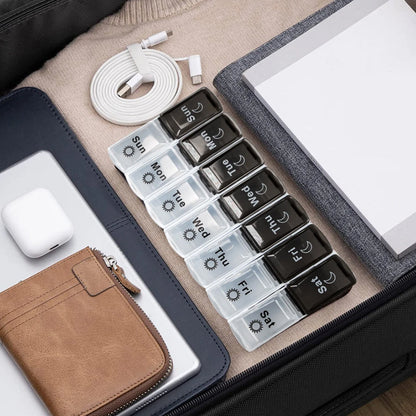 Pill Box Organiser 7-Day Weekly for AM PM Day Night Pill Case with 14 Compartments Black and White