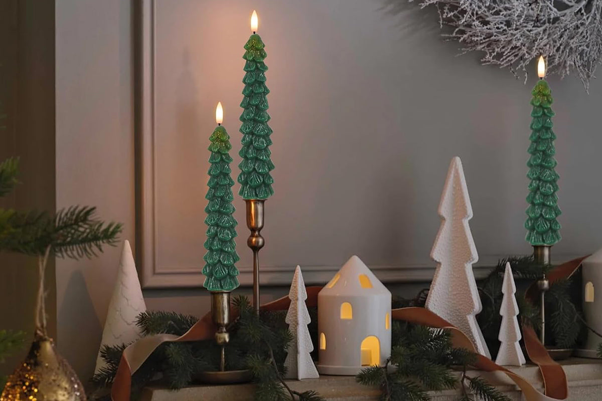 4Pcs Christmas Tree Candles LED Flameless Taper Candles 3D Wick Lifelike Leaves Dinner Xmas Holiday Decoration
