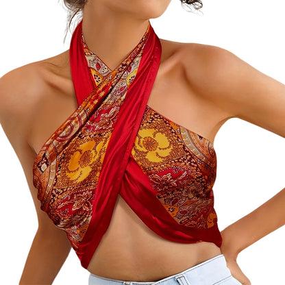 90cm Square Head Scarf Printed Satin Hair Scarf Bandanas for Women-Red