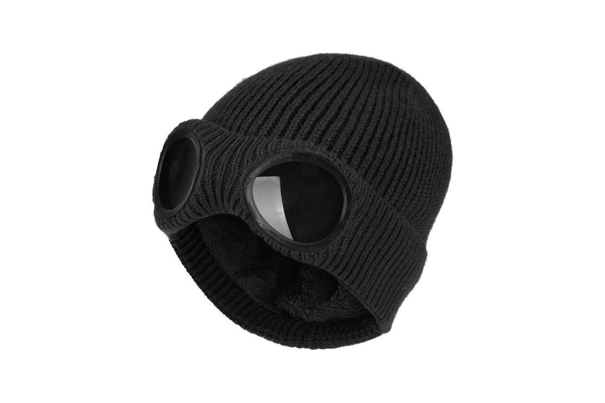 Winter Ski Hat with Goggles Thermal Knit Beanie - Black