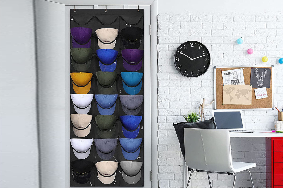 Baseball Hat Rack 24 Pocket For Wall Or Over The Door Cap Organizer-Black