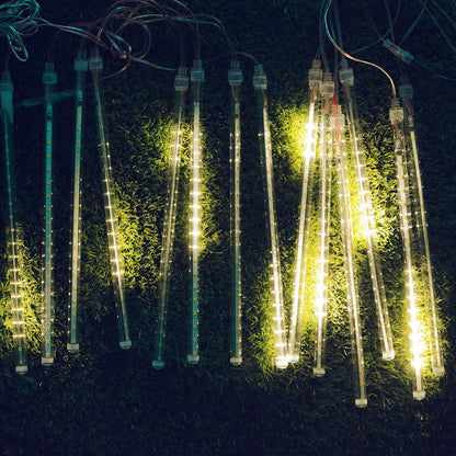 Christmas Meteor Shower Lights 8 Tube 288 LEDs Solar Powered Lights Christmas Decoration Lamps Meteor Shower Rain Lights for Christmas Holiday Party Home Patio Party -Warm white