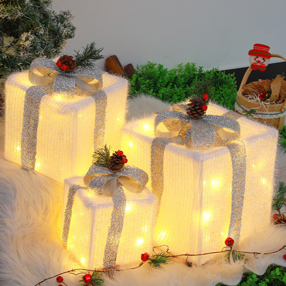 3PCS Lighted Christmas Gift Boxes with 8 Modes for Indoor and Outdoor Decor Silver