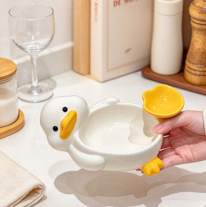 Ceramic Duck Shaped Snack Bowl with Built In Dipping Sauce Compartment