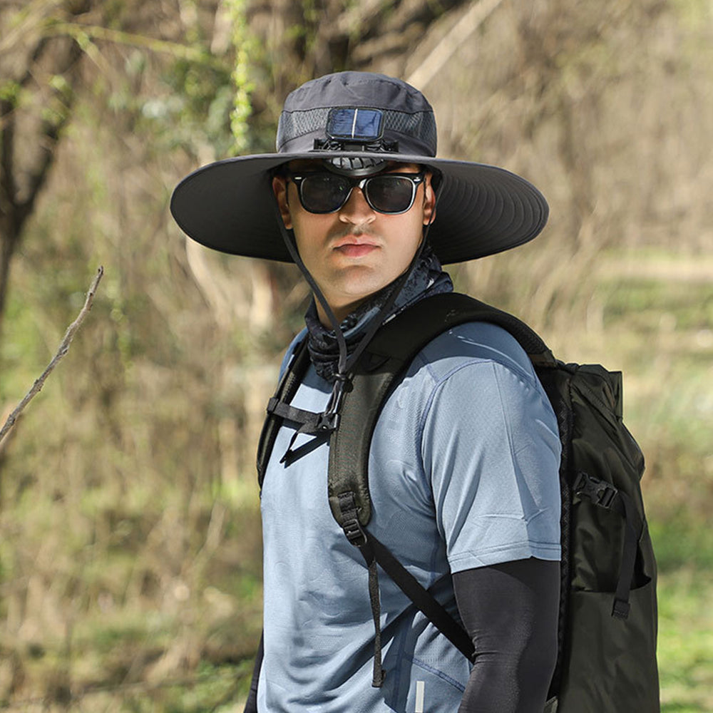 Wide Brim Sun Hat with 2 Solar Fan Sun Bucket Hat for Fishing Camping Hiking  Black