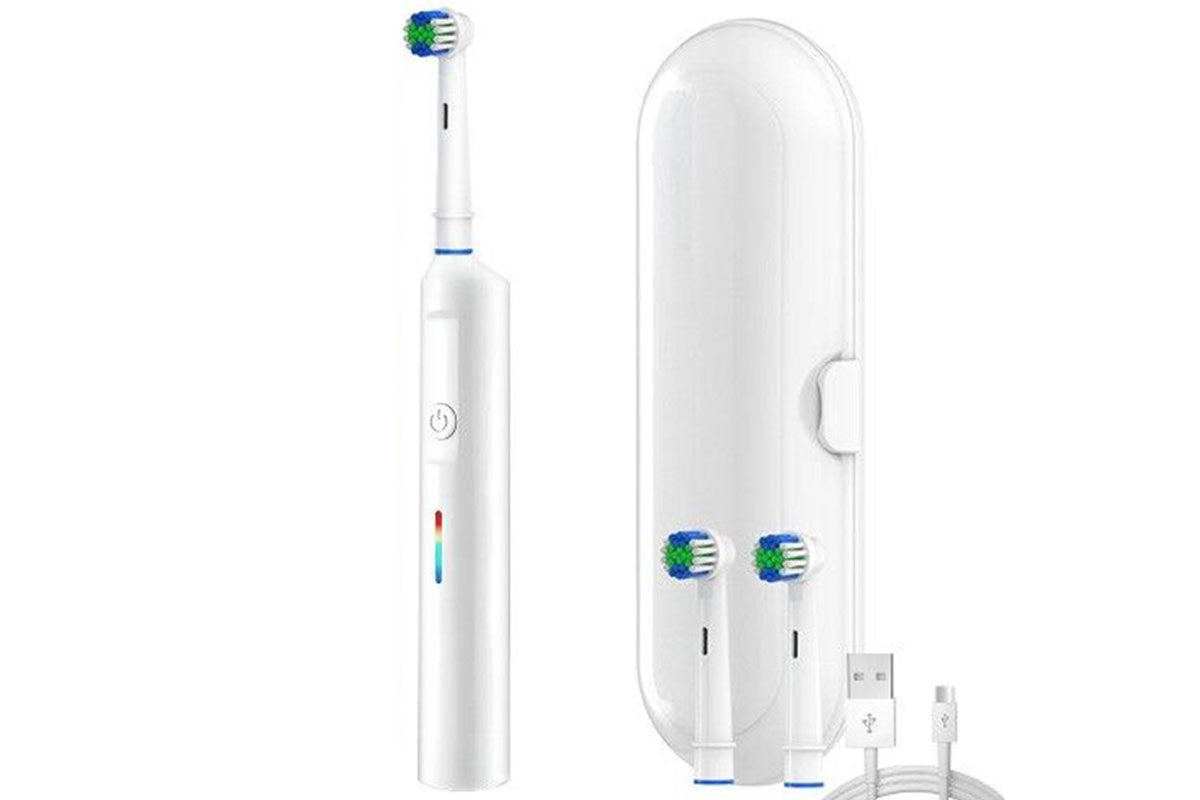 Rotating Electric Toothbrush 3Modes with Travel Case and 2 Brush Heads-White