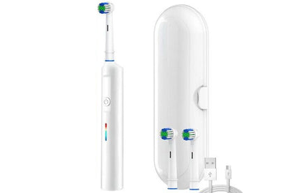 Rotating Electric Toothbrush 3Modes with Travel Case and 2 Brush Heads-White