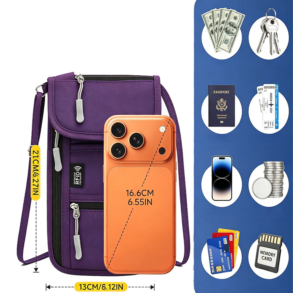 RFID Lined Travel Passport Holder Neck Wallet -Purple