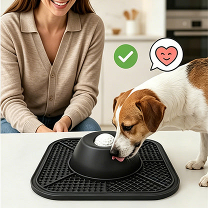 2 in 1 Dog Slow Feeder Bowl with Rolling Ball Lick Mat Non Slip Suction Cup-Black