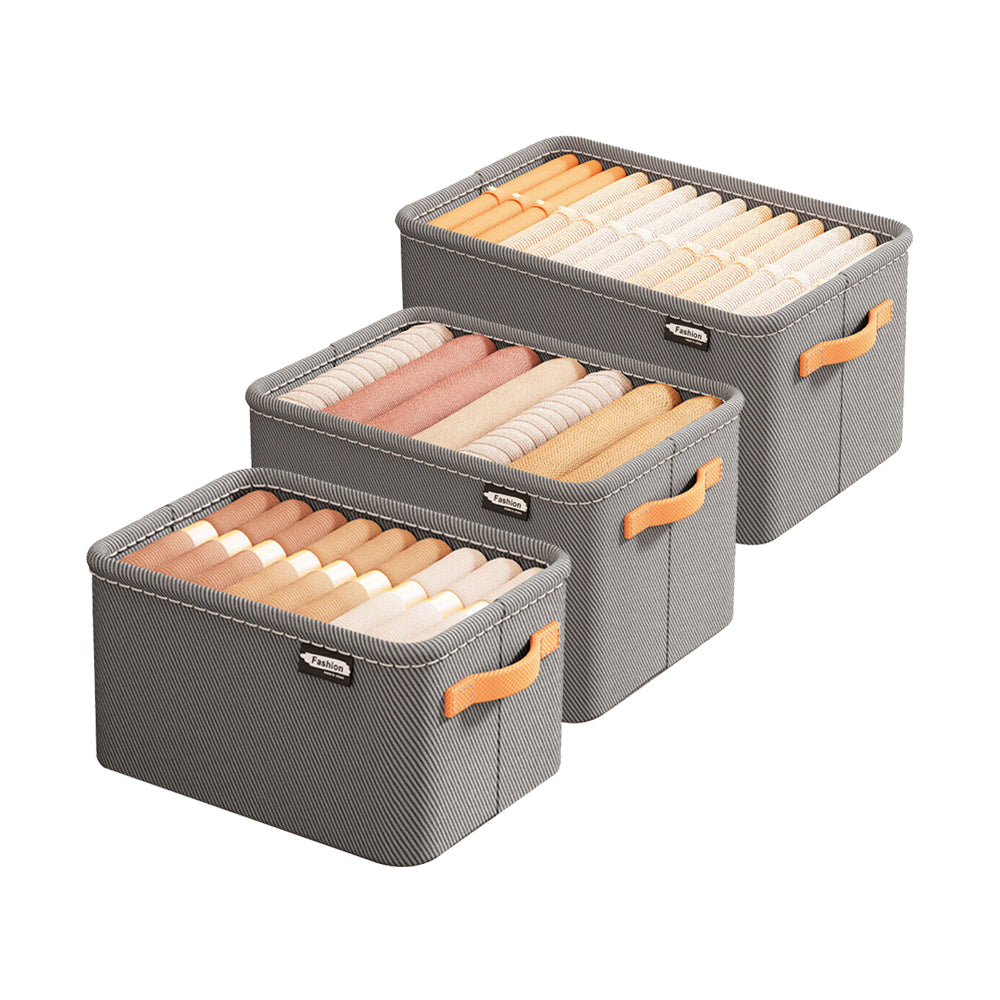 Set of 3Pcs Clothing Storage Box with Handles Wardrobe Storage Organizer Underwear Storage Gray