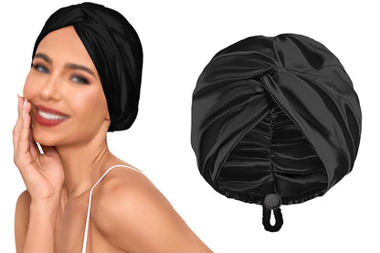 Adjustable Silk Bonnet Hair Bonnet for Women Curly Natural Braid Straight Hair-Black