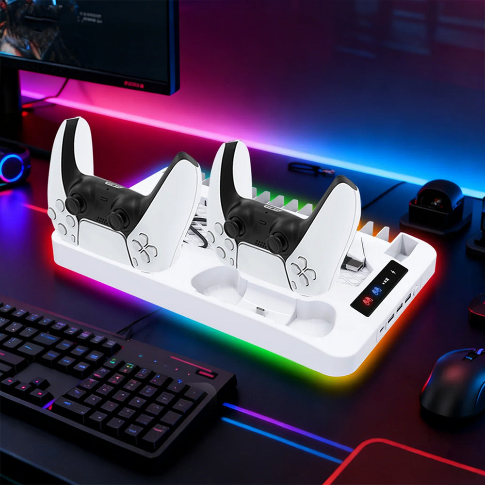 Gaming For PS5 Slim Pro Docking and Cooling Station Charger Headset Holder With RGB Light-White