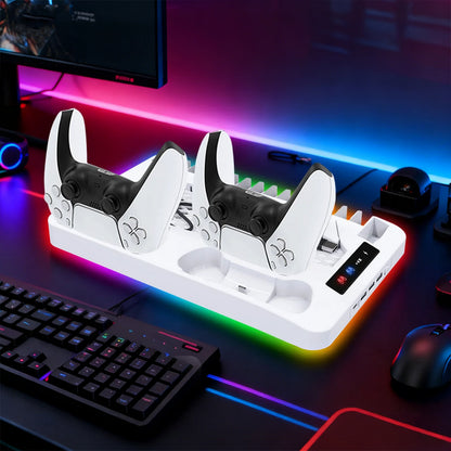 Gaming For PS5 Slim Pro Docking and Cooling Station Charger Headset Holder With RGB Light-White