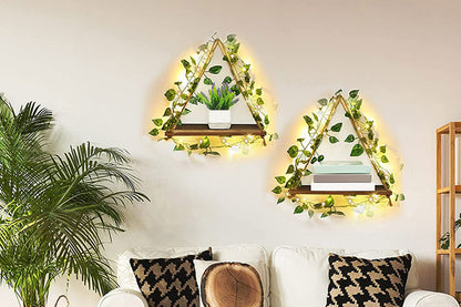 2Pcs Artificial Ivy LED Strip Wall Hanging Shelves Macrame Shelf For Bedroom