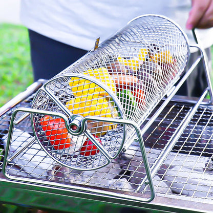 Rotating Stainless Steel BBQ Grill Basket with Stand and Handle