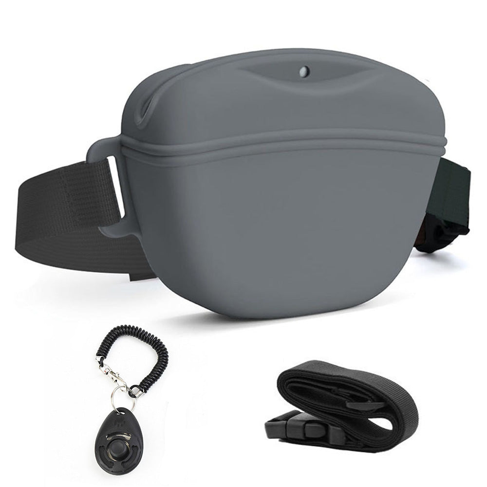 Dog Treat Pouch With Training Clicker Pet Silicone Training Treat Bag Pouch-Grey