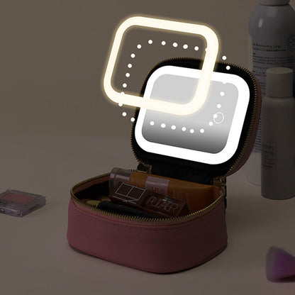 Small Makeup Bag Travel Case with Mirror and Adjustable Light Stylish for Travel Pink
