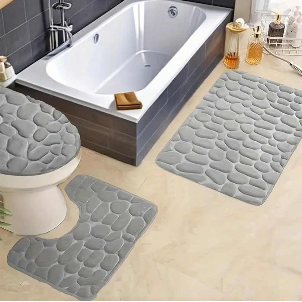 3 Piece Set Bathroom Mats Pebble Pattern Floor Mat Gray