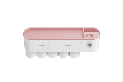 Wall Mounted Toothbrush Holder for Bathroom Automatic Toothpaste Dispenser Kit-Pink