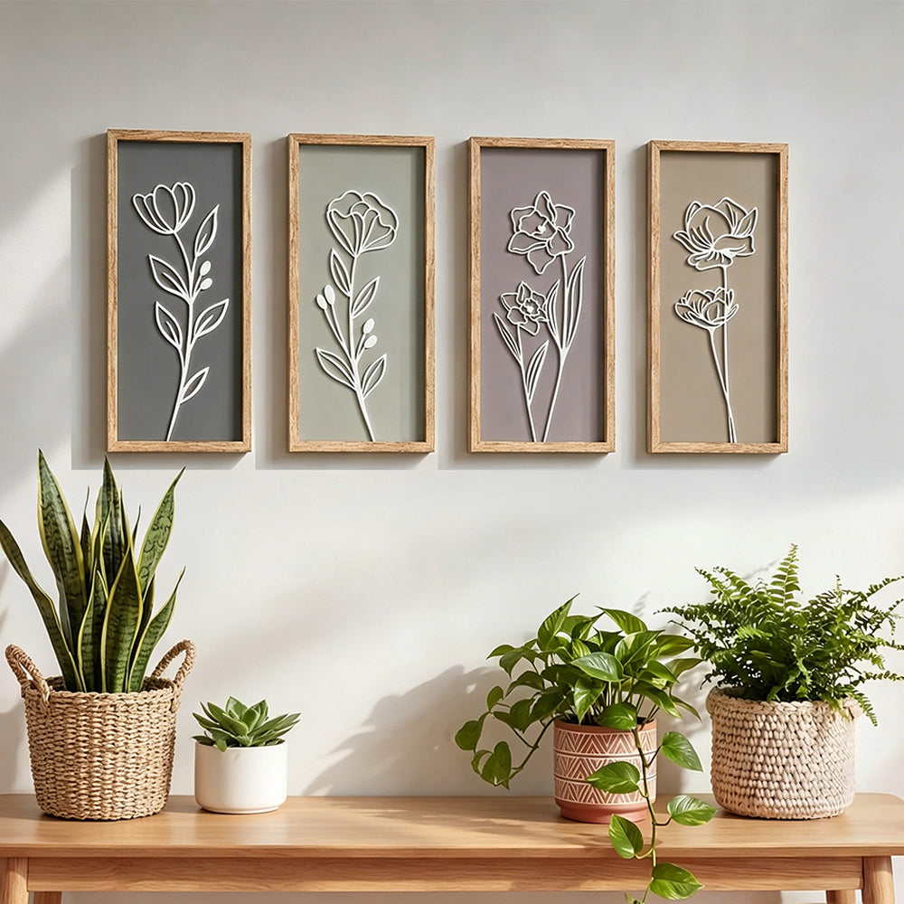 4 Piece Set Wood Frame Floral Hollow Out Wall Art