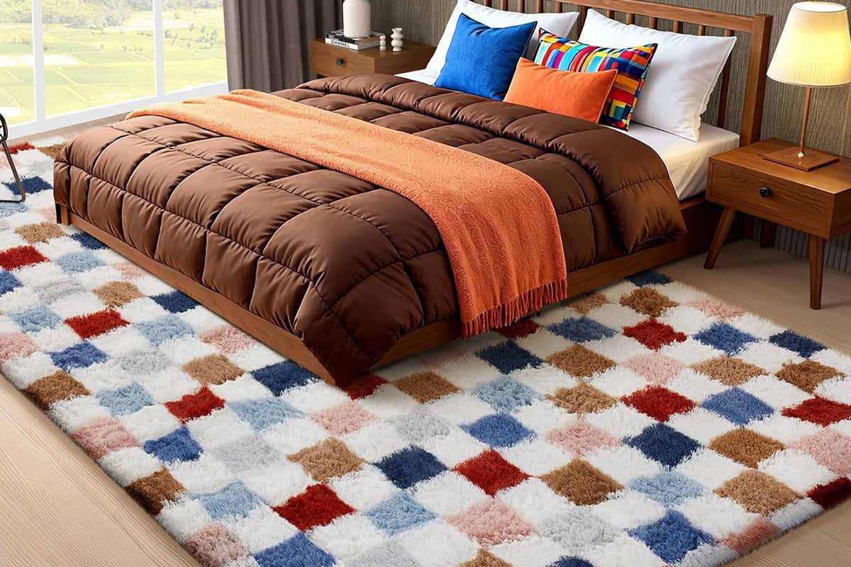 Checkered Plush Shaggy Rug Non Slip Carpet - Milticolor