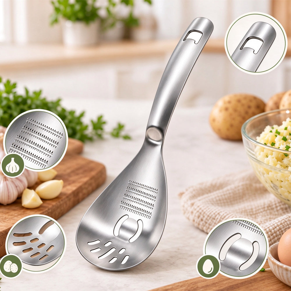 2 Pack 5 in 1 Stainless Steel Slotted Spoon Garlic Masher Cooking Grater Spoon