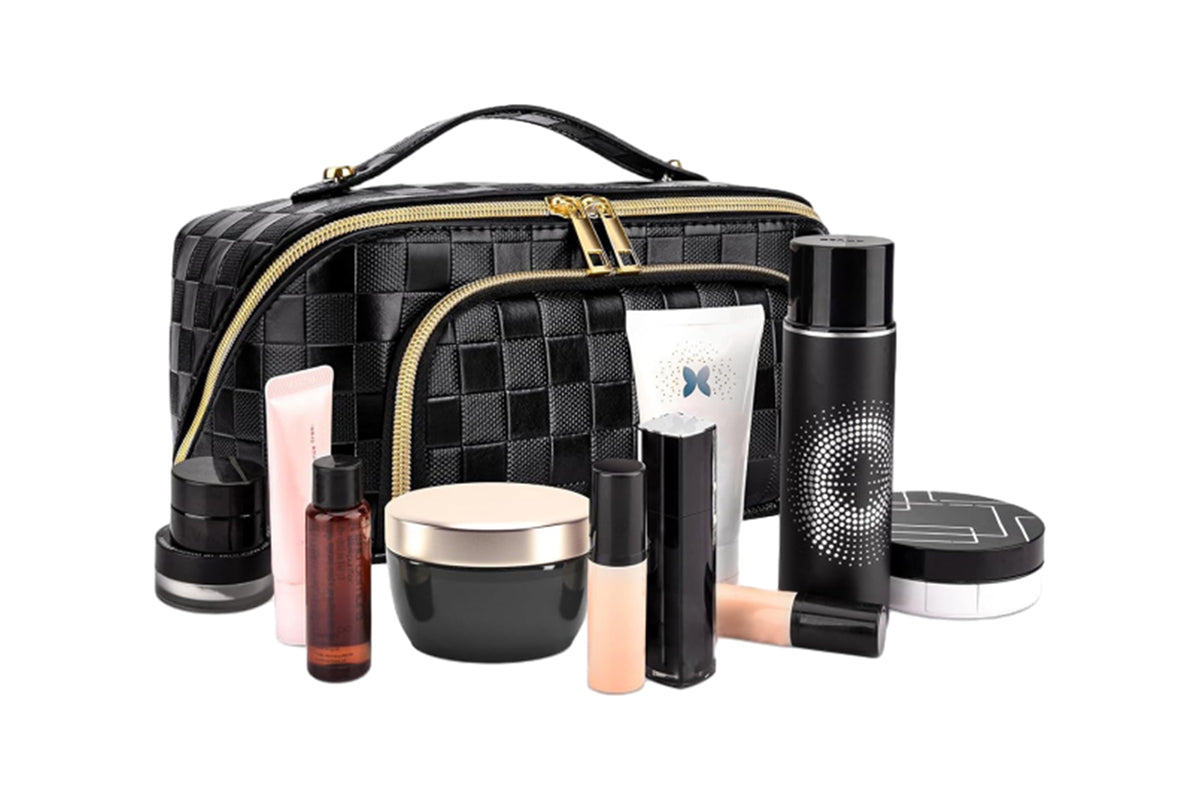 Large Capacity PU Leather Water-Resistant Checkered Cosmetic Bag Travel Makeup Bag-Black