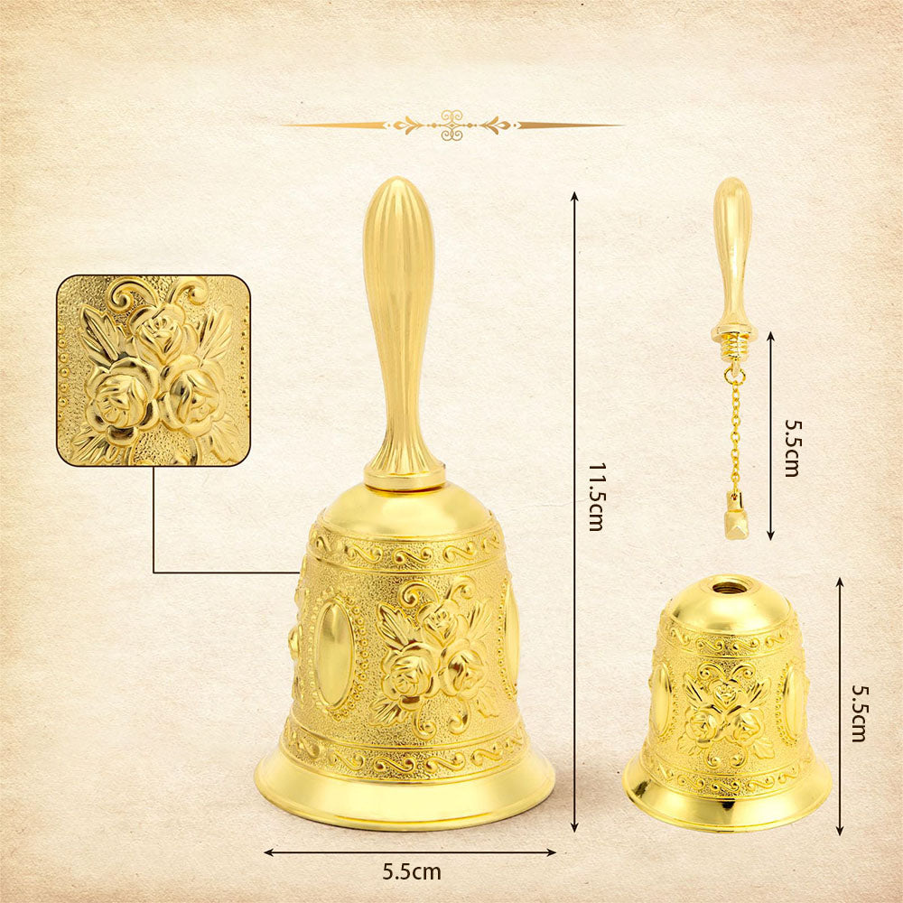 Vintage Hand Bell Retro Metal Dinner Bell with Rose Pattern - Gold