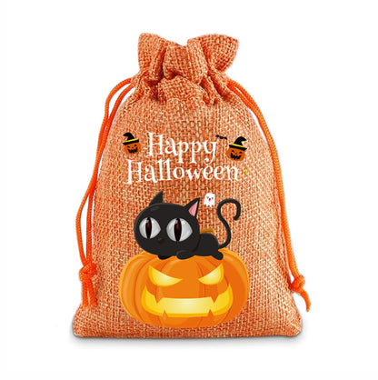 12 Pack Halloween Burlap Drawstring Gift Bags with Pumpkin Ghost Designs - Orange