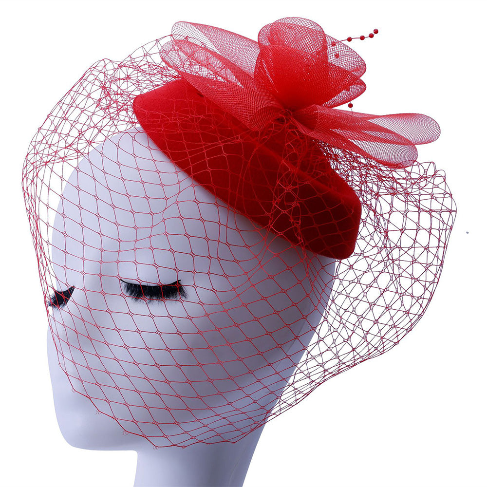 Vintage Mesh Rose Birdcage Veil Bridal Hair Headpiece - Red