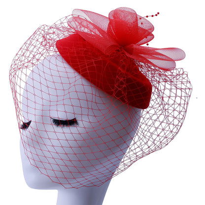 Vintage Mesh Rose Birdcage Veil Bridal Hair Headpiece - Red