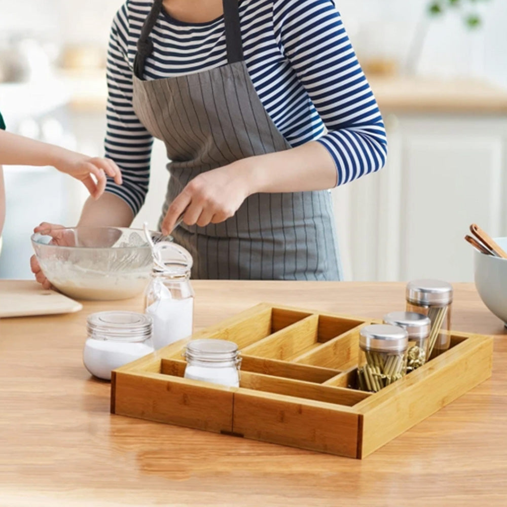 Expandable Drawer Organizer for Cutlery and Utensils Adjustable Bamboo Flatware Tray Kitchen Tool