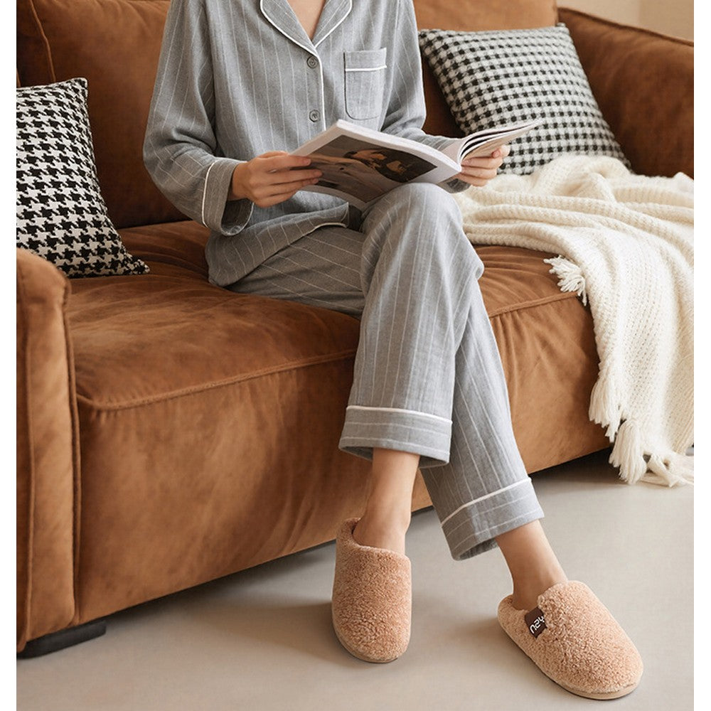 Women's Fuzzy Slip-on Slippers Comfy Lightweight House Scuff Slippers Closed Toe-Khaki