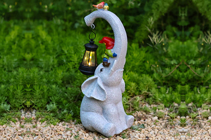 Solar Lights Garden Elephant Statue Outdoor Decor with Garden Gnome and Solar Lantern Outside Patio
