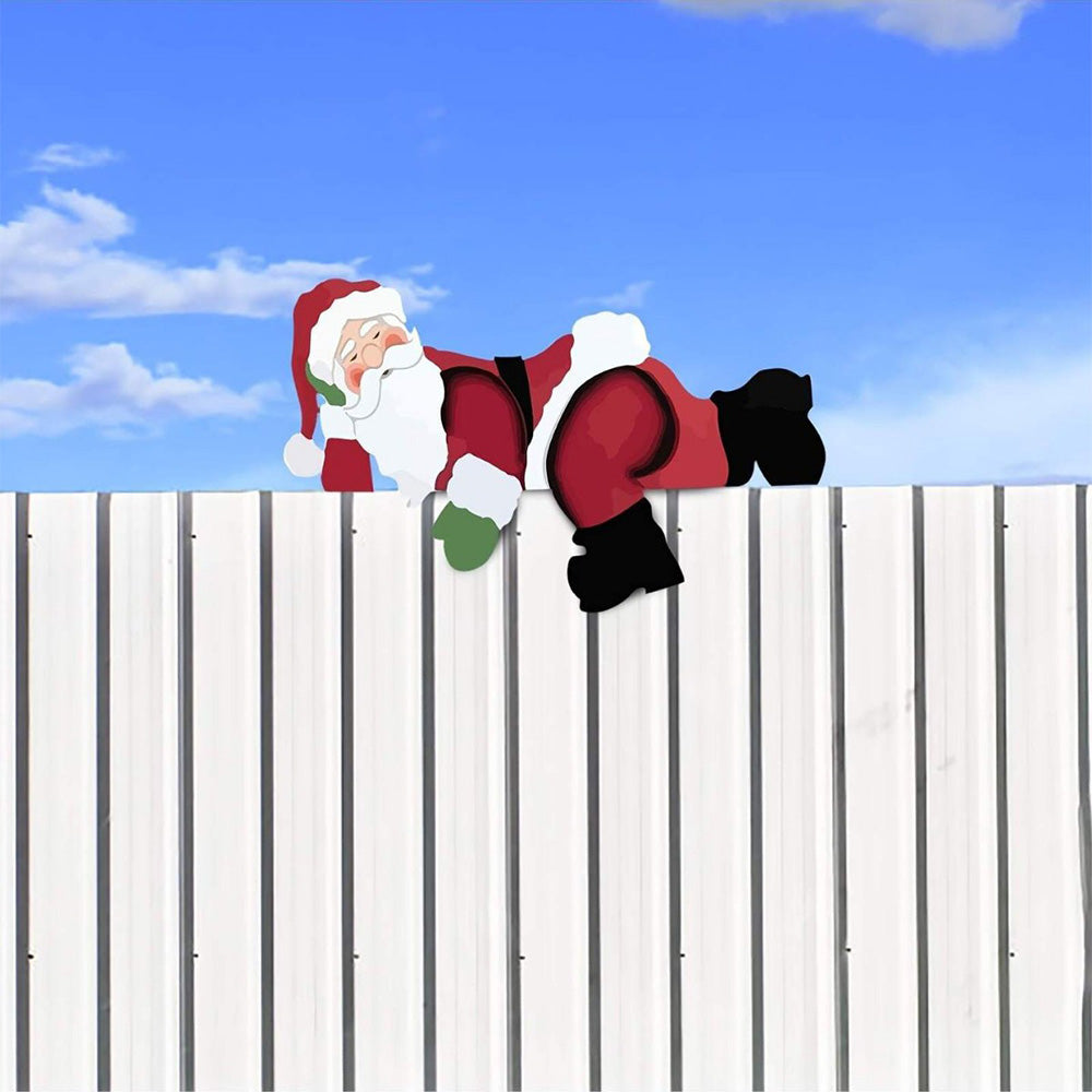 Santa Peeking Over Fence Sign Outdoor Christmas Yard Decoration for Garden