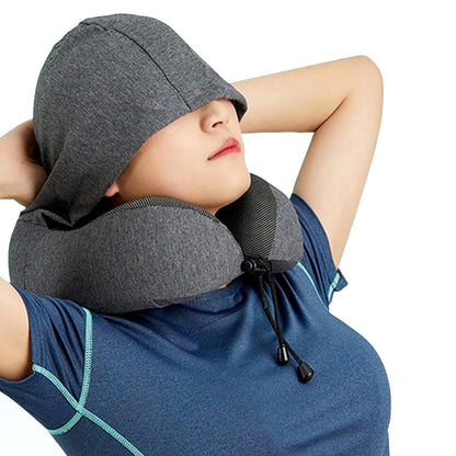 Travel Neck Pillow Hooded U Shaped Neck Cushion for Airplane Car Rest Dark Gray