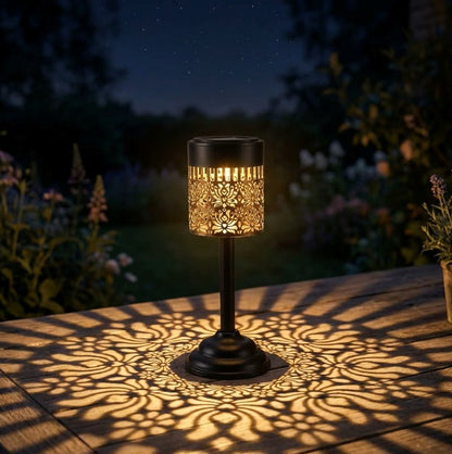 Outdoor Solar Cutout Metal Table Lantern for Patio and Garden - Warm White