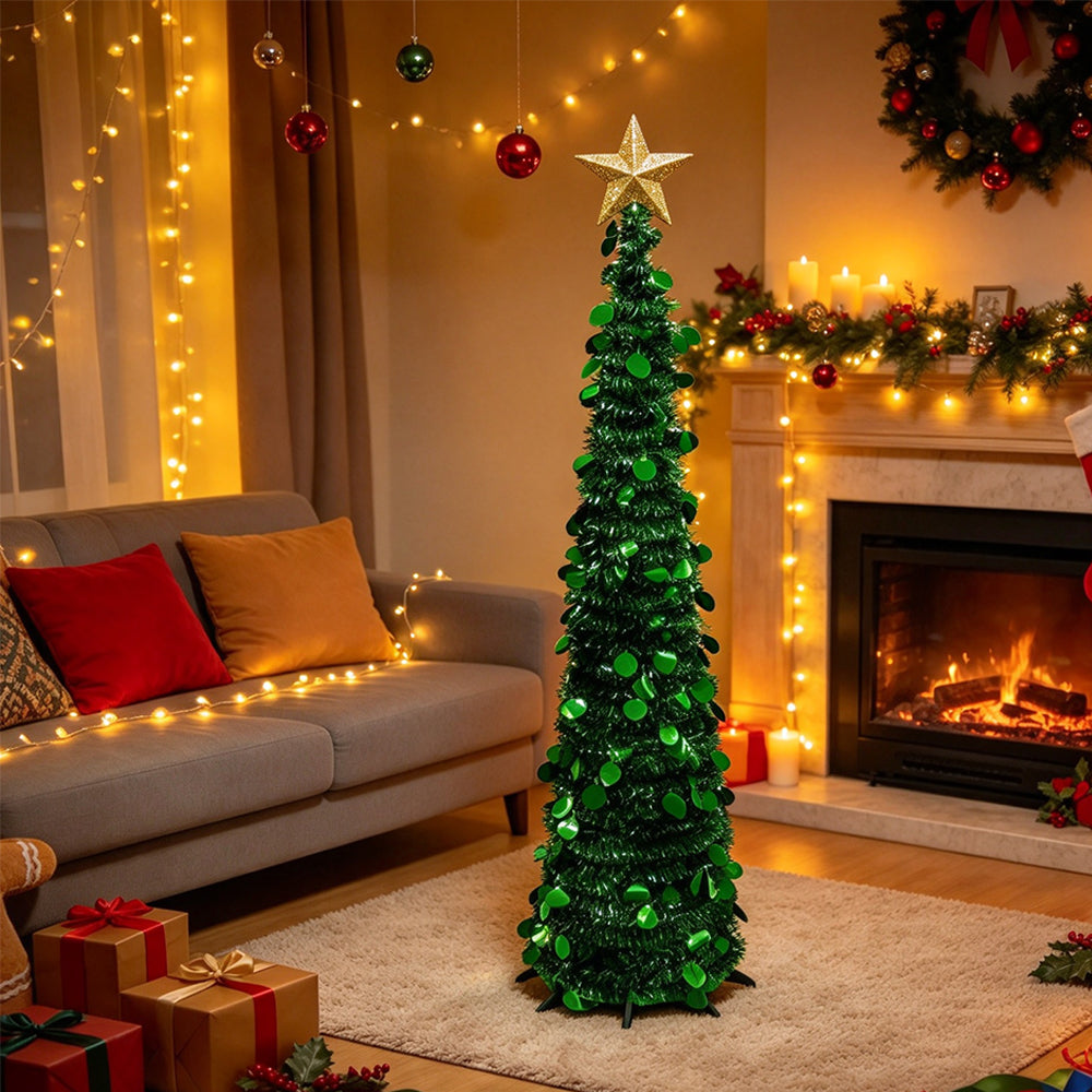 1.5m Foldable Pop Up Christmas Tree with Light Tinsel Christmas Tree