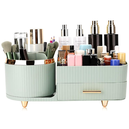 Rotating Makeup Organizer for Vanity with Brush Holder and Drawer Spinning Cosmetic Storage Case Green