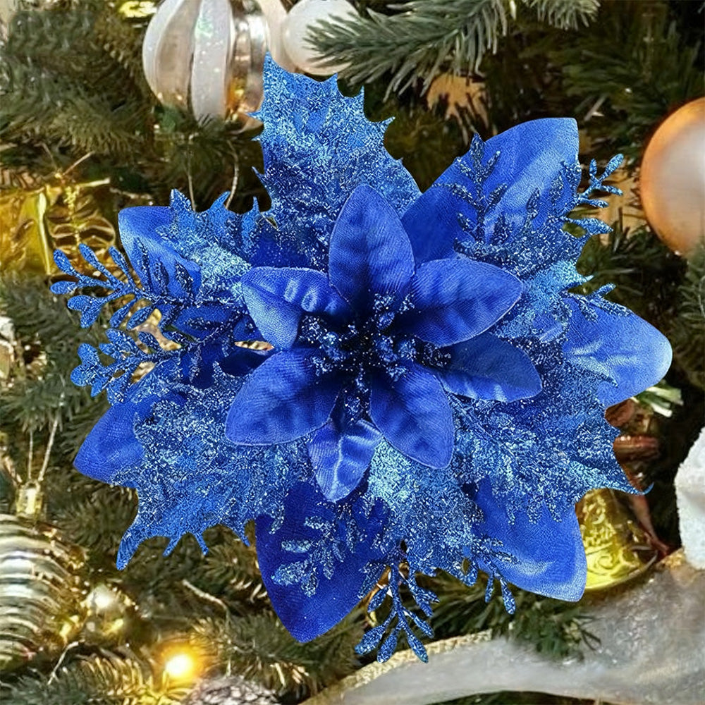 10Pcs Red and Gold Poinsettia Artificial Christmas Flowers ¨C Xmas Tree Ornaments Blue