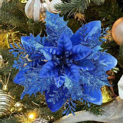 10Pcs Red and Gold Poinsettia Artificial Christmas Flowers ¨C Xmas Tree Ornaments Blue