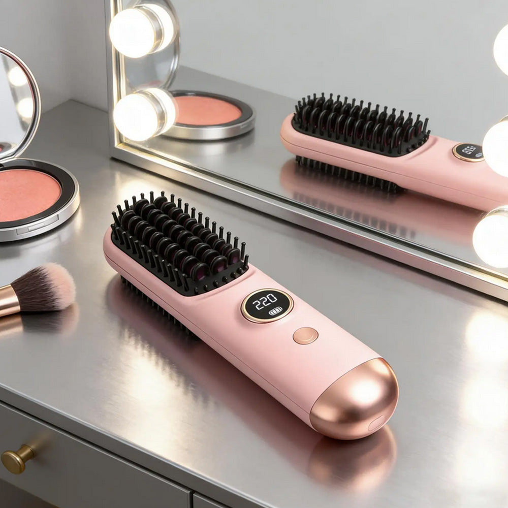 Cordless LCD Hair Straightening Brush 2-in-1 Portable Styling Tool for Travel-Pink