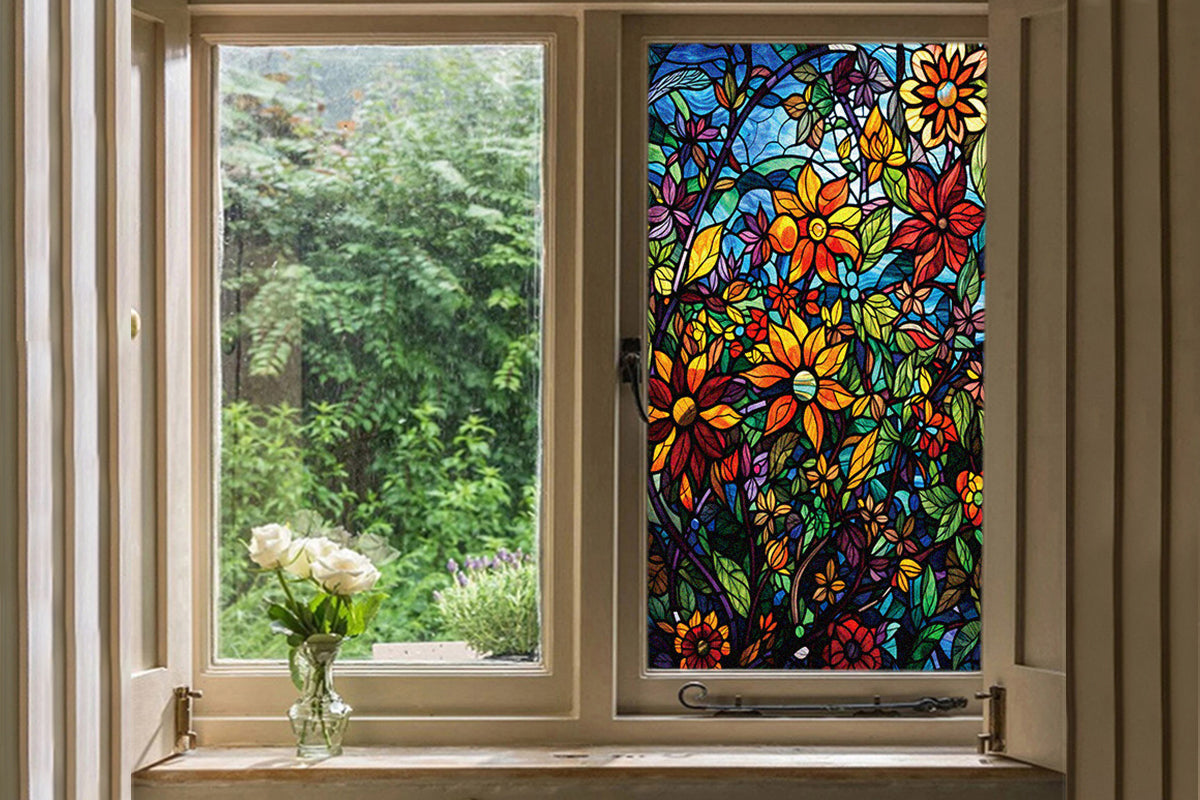 2Pcs Static Cling Windows Film Frosted Stained Glass Stickers Flower Decor