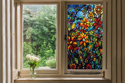 2Pcs Static Cling Windows Film Frosted Stained Glass Stickers Flower Decor