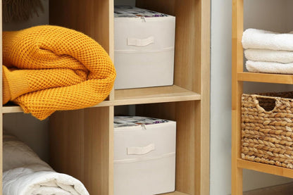 Shoe Organizer Foldable Shoe Storage Containers with Dividers and Lid -Beige