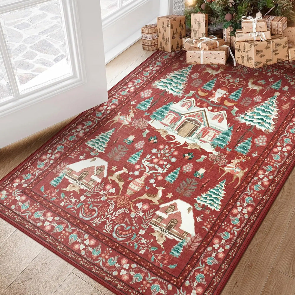 Vintage Christmas Crystal Velvet Area Rug Non-Slip Living Room Floor Mat - Red