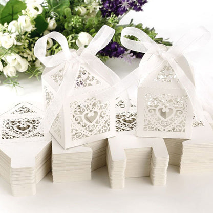 50 Pack Laser Cut Pearl Paper Candy Favor Boxes with Ribbons - White