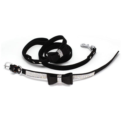 Dazzling Rhinestone Dog Collar and Leash Set with Bow Knot for Small Dogs and Puppies Black
