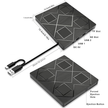 5-in-1 External CD/DVD Drive for Laptop CD/DvD Rw Burner with SD/TF Card Reader